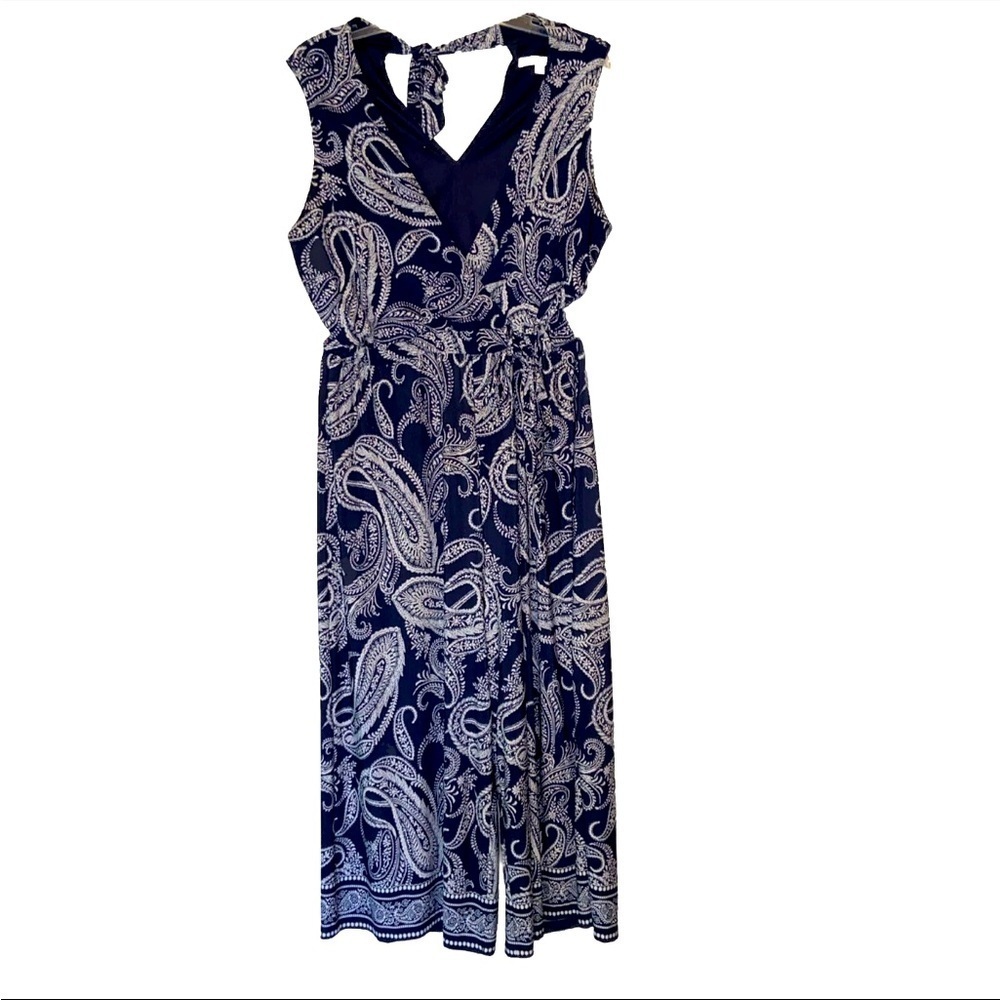 Studio One Womens Navy White Paisley Wide Leg Jumpsuit Ankle Palazzos Large